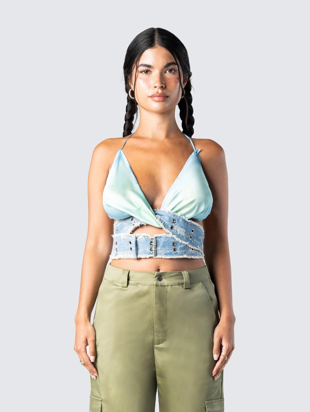 NIB- Finesse Irina Blue Satin Belted Halter Top Sz XS